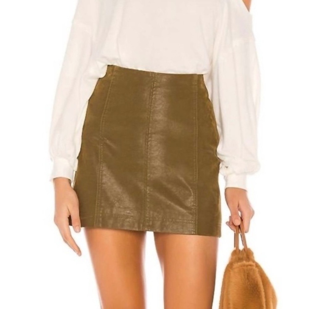 Free People Modern Femme Olive Green Faux Leather Mini Skirt Size 4